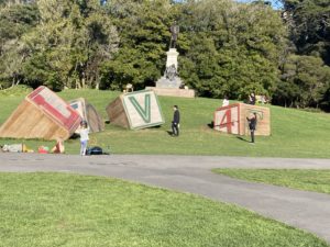 Kid's play on the big blocks of public art on JFK Drive in Golden Gate Park.