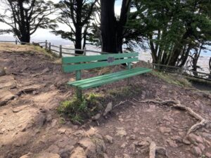 Green bench at the top of Grandview Park.